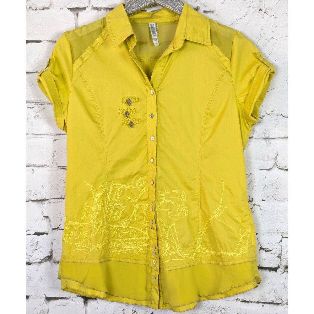 MONORENO Art-to-Wear Stretch Poplin Mesh Embroidered Shirt Slim Fit Size Large